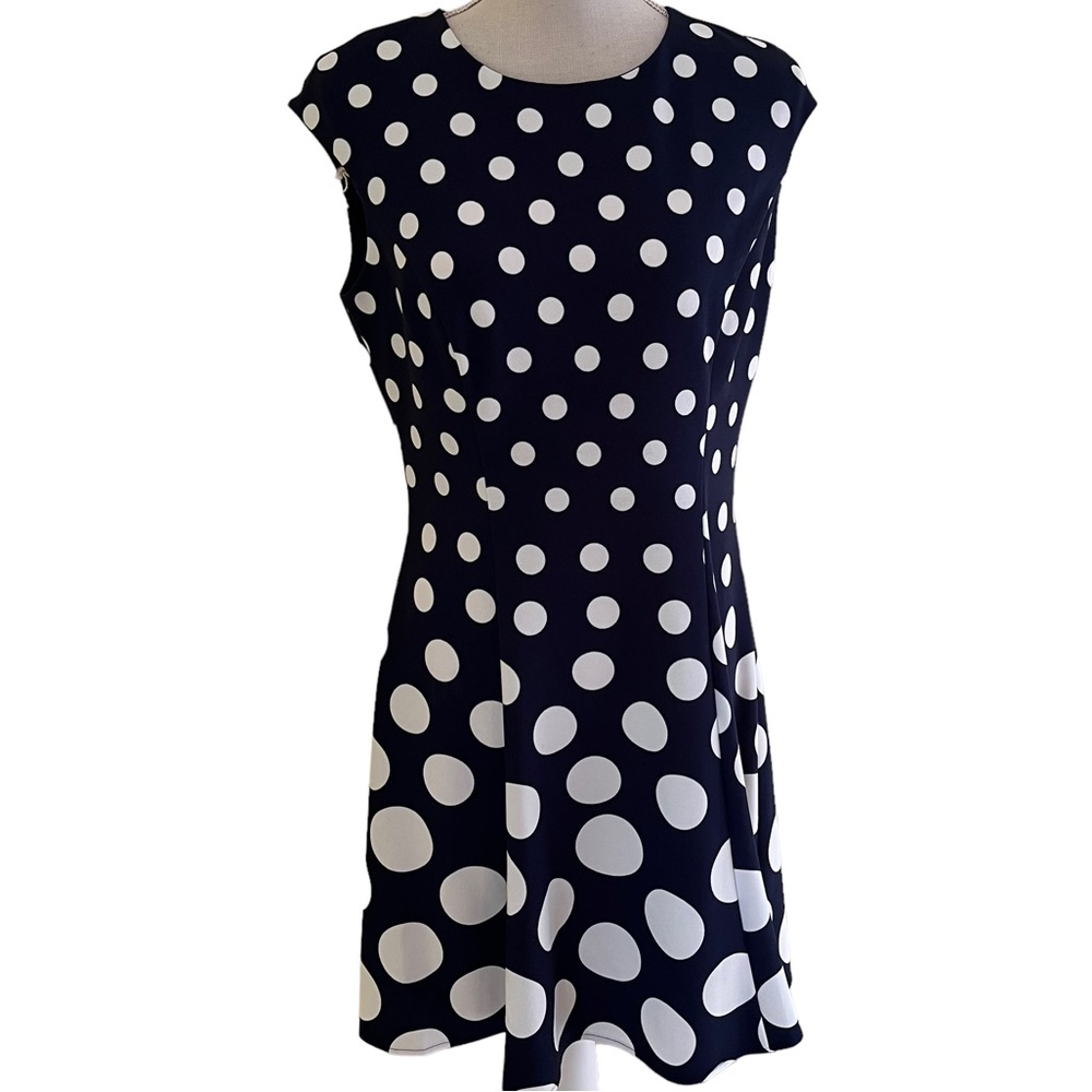 London Times Navy Blue/White Polka Dot Scuba Crepe Fit and Flare Dress 8P